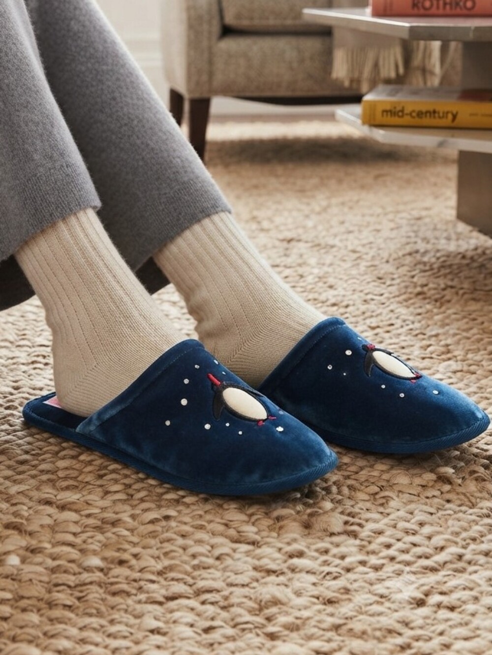 NWT Kate Spade Blue Velour & Penguins Slippers Winter Festive Cabincore Cozy